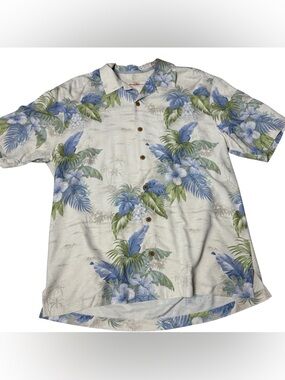 Tommy Bahama silk shirt button down camp shirt palm leaf pattern Hawaiian shirt